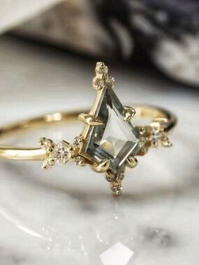 Gold Ring with Pale Green Kite-Cut Center Stone and Diamond Accents
